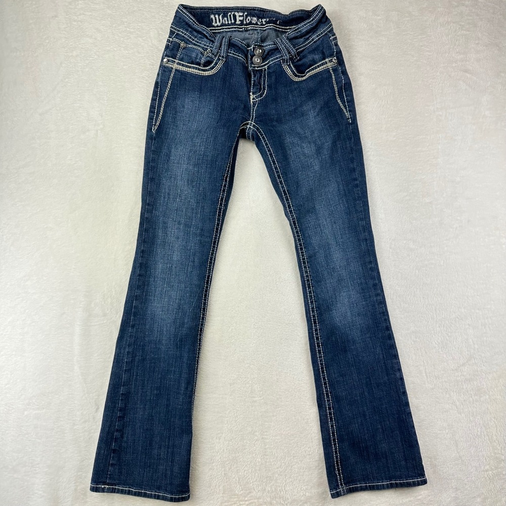 WallFlower Jeans Womens 5 Regular Bootcut Low Rise Blue Denim Embellished Cotton